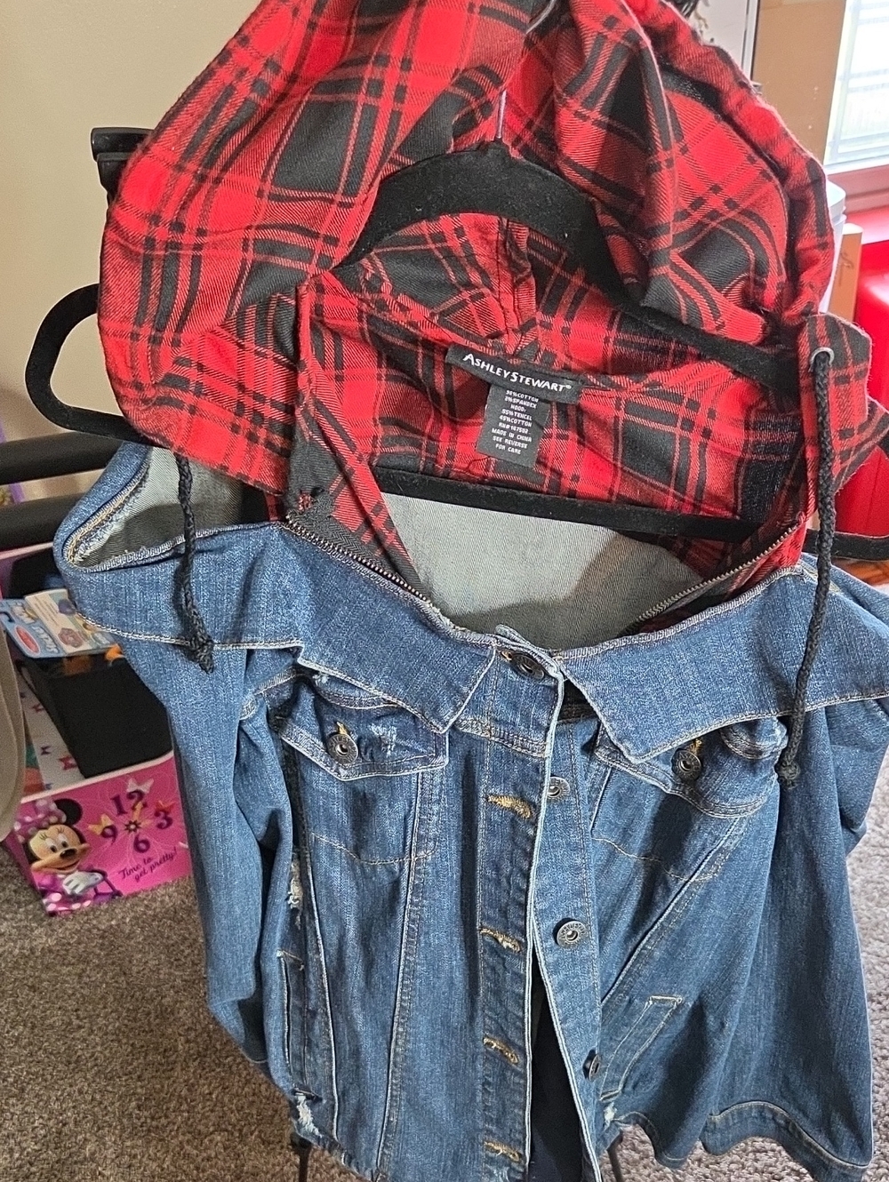 Ashley Stewart Blue Denim Jacket with Red Plaid Hood